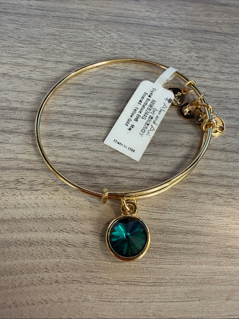 Alex and Ani Gold Bangle with Emerald Green Crystal Charm